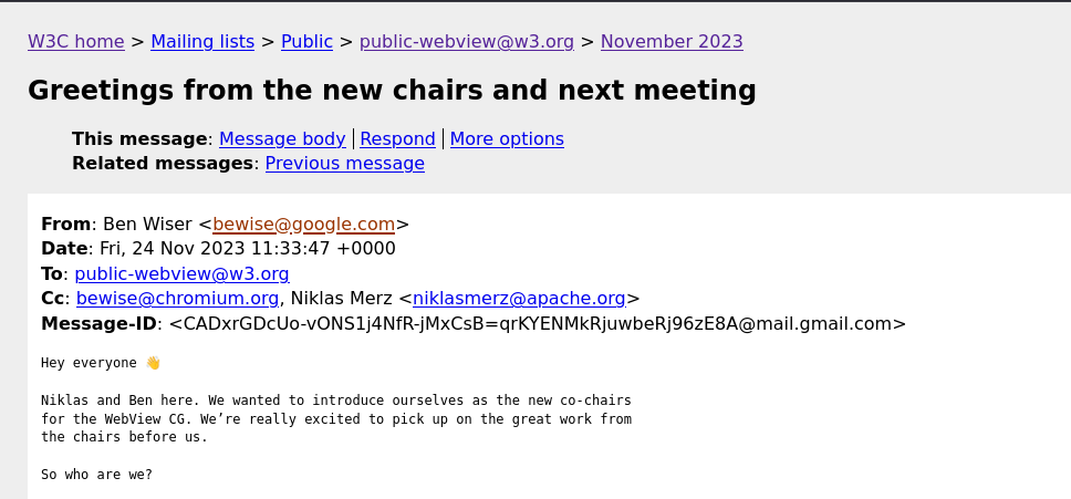 Greetings from new chairs email, November 2023